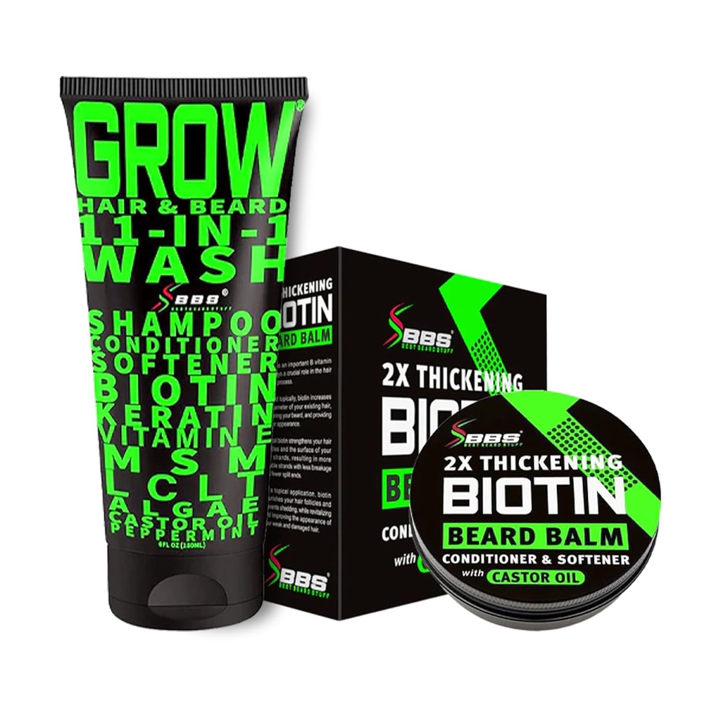 Beard Growth Kit w/ 2X Thickening Biotin Beard Balm for Men & Mustache Wax + GROW 11-in-1 Mens Shampoo & Conditioner (Hair Growth Shampoo for Men w/Biotin) - Formulated in America