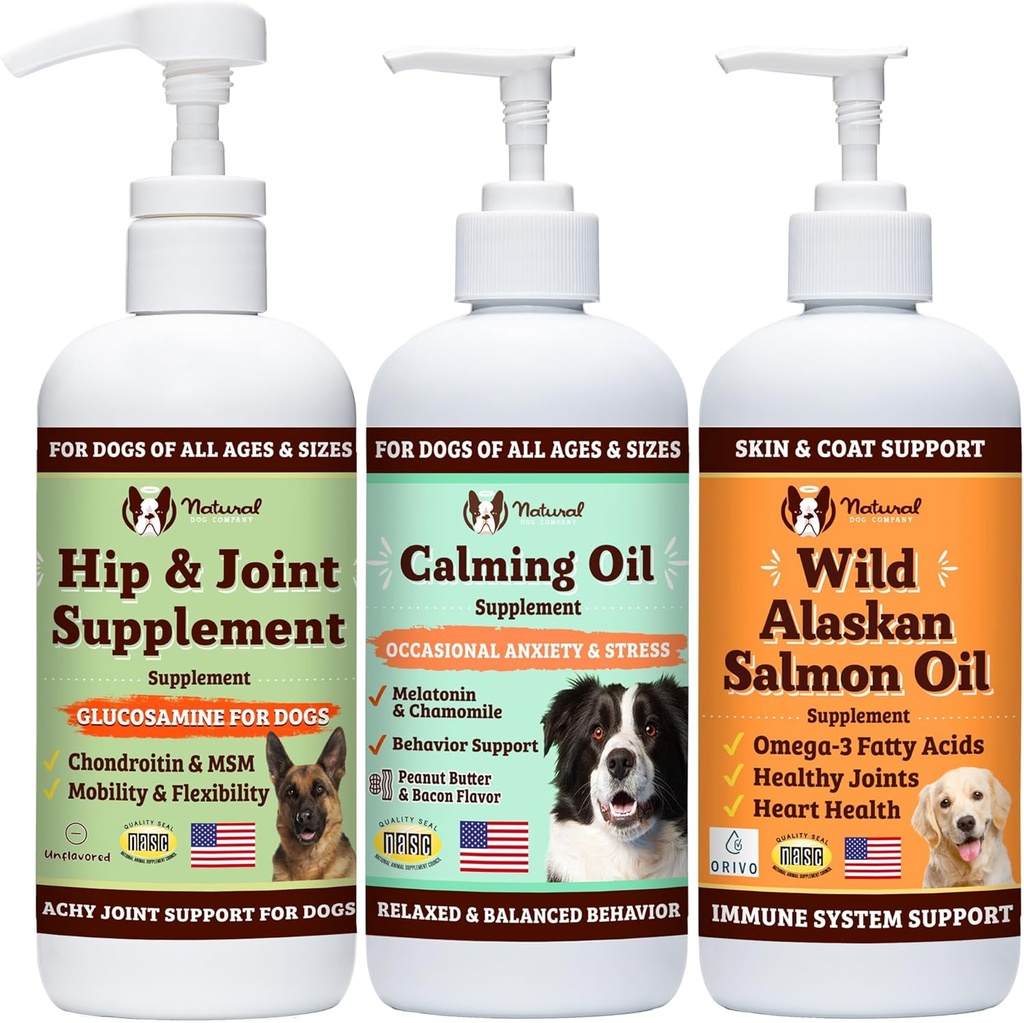 Φυσικό σκυλί Εταιρεία Wellness Bundle Oil Toppers τροφίμων Συμπεριλαμβανομένων (1) Άγρια Αλάσκας λάδι σολομού, (1) Υγρή Γλυκοζαμίνη, (1) Ηρεμιστικό Έλαιο