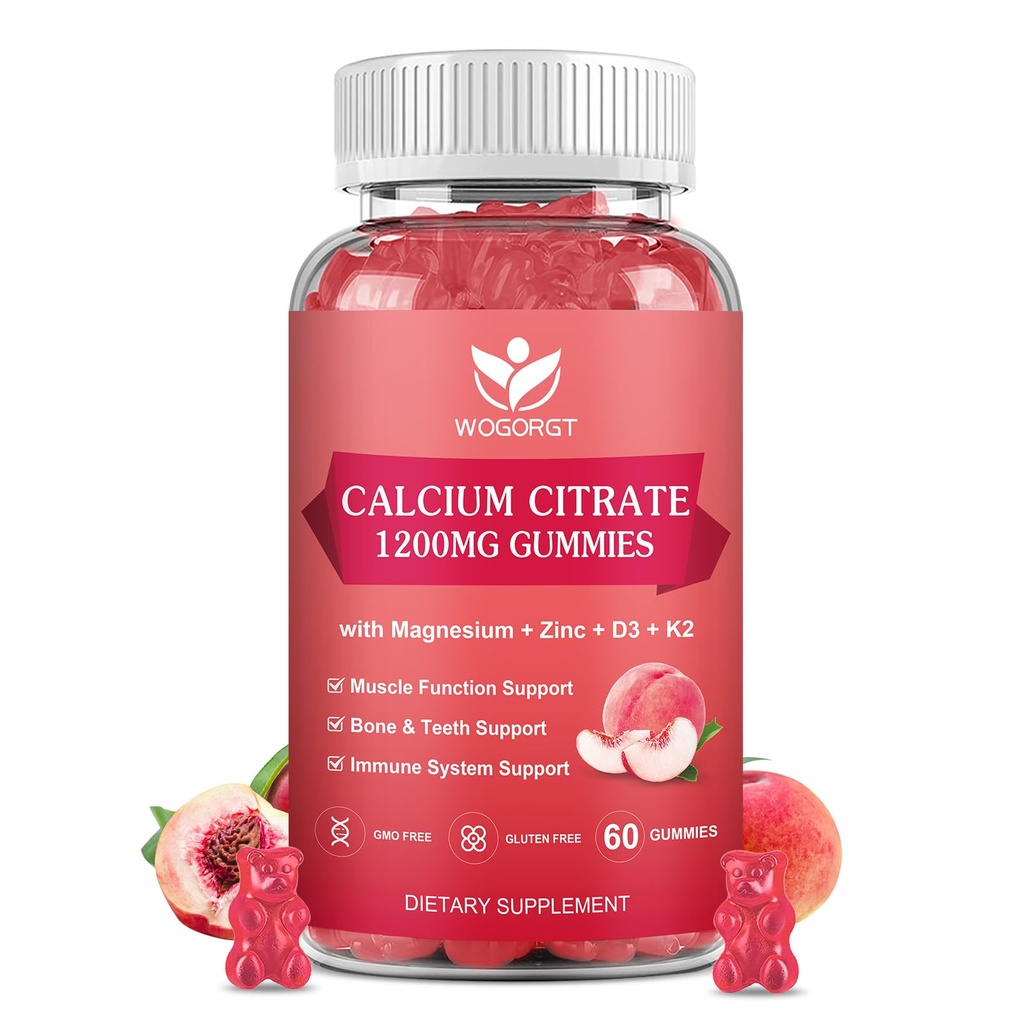 Κιτρικό ασβέστιο 1200mg Gummies με βιταμίνη D3 K2 - Chewable Ασβέστιο Μαγνήσιο Ψευδάργυρος d3 συμπλήρωμα με εκχύλισμα θαλασσινού μόσχου για οστά, δόντια, ανοσοποιητική υποστήριξη για γυναίκες & άνδρες, Λευκό Ροδάκινο Γεύση - 60 Gummies