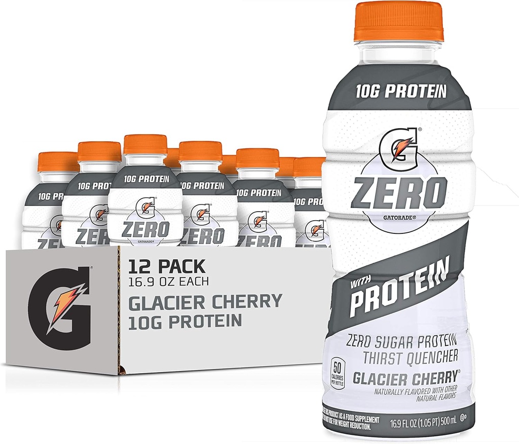 Gatorade Zero με πρωτεΐνες, 10g Whey Protein Isolate, Zero Sugar, Υγρά ηλεκτρολύτες, Glacier Cherry, 16.9 Fl Oz μπουκάλι, 12 Pack