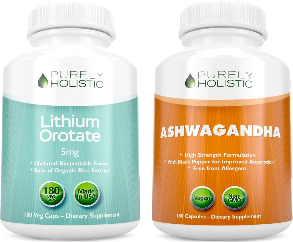 Lithium Orotate 5mg + Organic Ashwagandha 1300mg & Black Pepper - Vegetarian Bundle - 360 Capsules