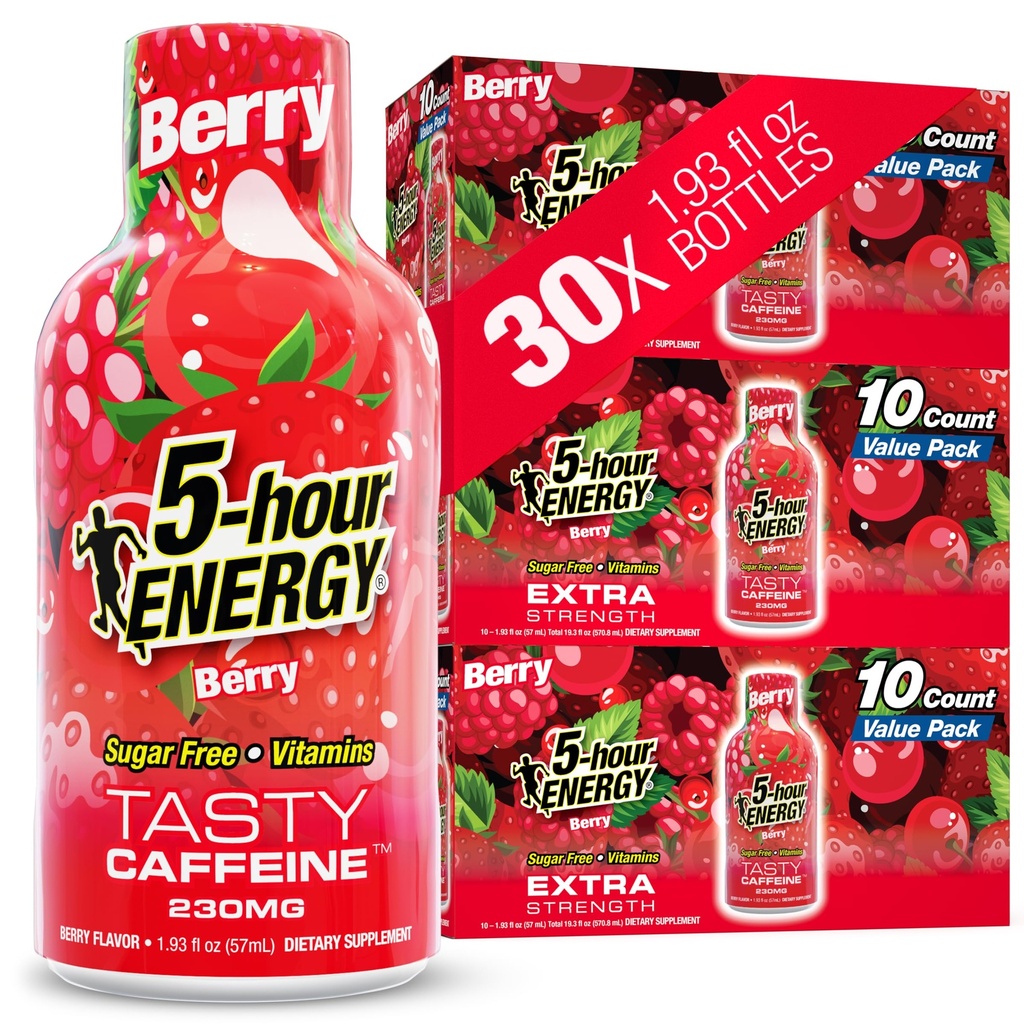 5 ώρες ΕΝΕΡΓΕΙΑ βολές Extra Strength, Berry Flavor, 30 Count, 1.93 Fl Oz, Χωρίς ζάχαρη, Zero Calories, Amino Acids και Ουσιώδεις Βιταμίνες Β, Συμπλήρωμα διατροφής, Feel Alert και Energized, 230 mg καφεΐνη