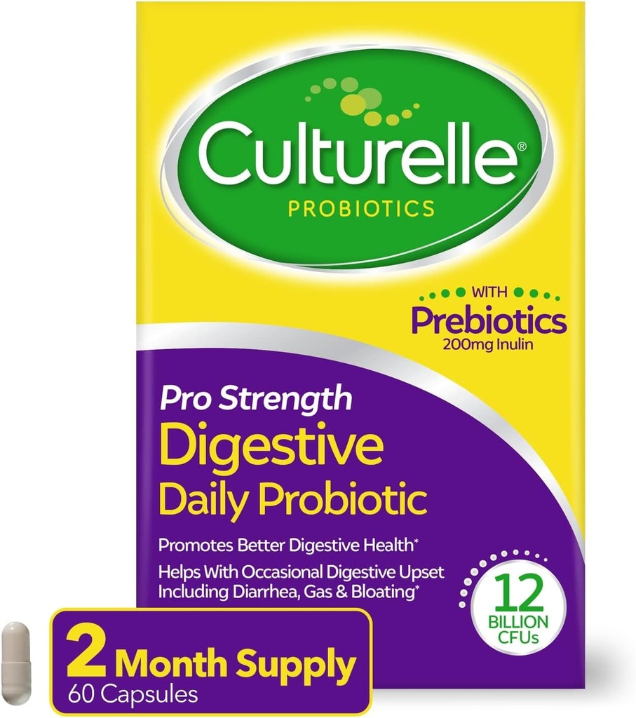 Culturelle Pro Strength Daily Probiotics For Digestive Health (2 Μήνες Προσφορά) με Πρεβιοτικά για γυναίκες & άνδρες, Υποστηρίζει Περιστασιακή Διάρροια, Αέριο & Μπλόφα, Γλουτένη & Χωρίς Σόγια, 60 Count