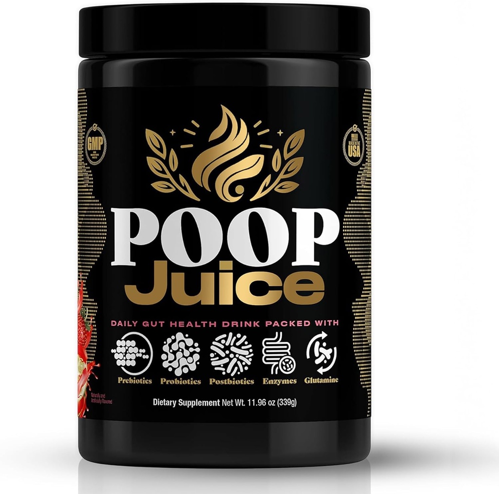 Poop Juice 5-in-1 Prebiotic, Probiotic, Postbiotic, Digestive Enzymes & Glutamine Supplement Powder - Bloat Relief, Gut & Immune Support - Sugar & Lactose-Free - 30 Servings (Strawberry Lemonade)