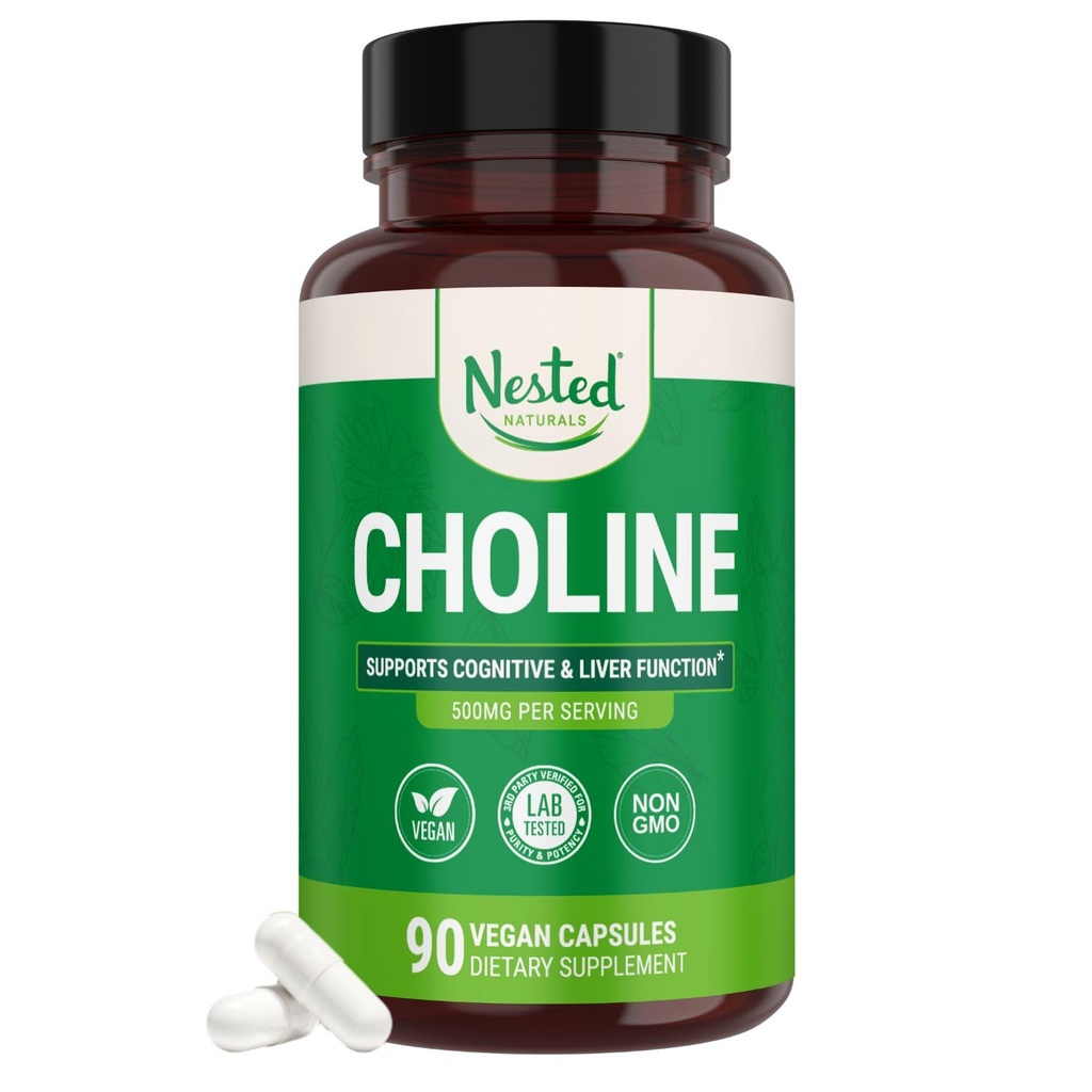 Φωλιασμένα φυσικά Choline Bitartrate 500mg - Υψηλής ισχύος Choline Συμπληρώματα - Υποστηρίζει Γνωστική απόδοση & λειτουργία ήπατος - 100% Vegan & μη-GMO Choline - 90 Vegan Κάψουλες