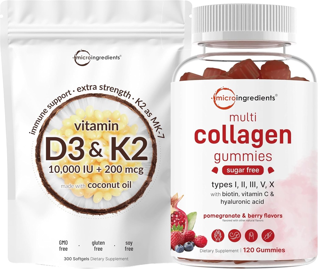 Micro Συστατικά Βιταμίνη D3 10.000iu + K2 200mcg Λάδι καρύδας Softgels & Multi Collagen Peptides Gummies Bundle Pack 