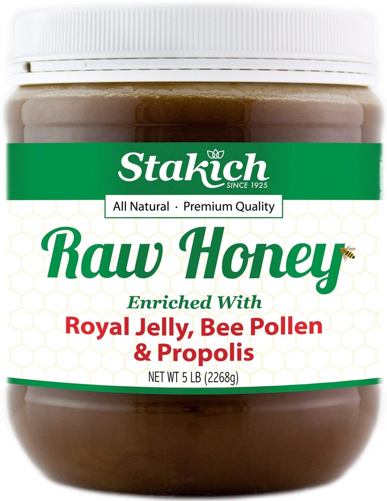 Stakich Royal Jelly, Bee Pollen, Propolis Enriched Raw Honey - Καθαρό, μη επεξεργασμένο, Μη θερμαινόμενο - 5 Λίρες (80 Ουγγιά)