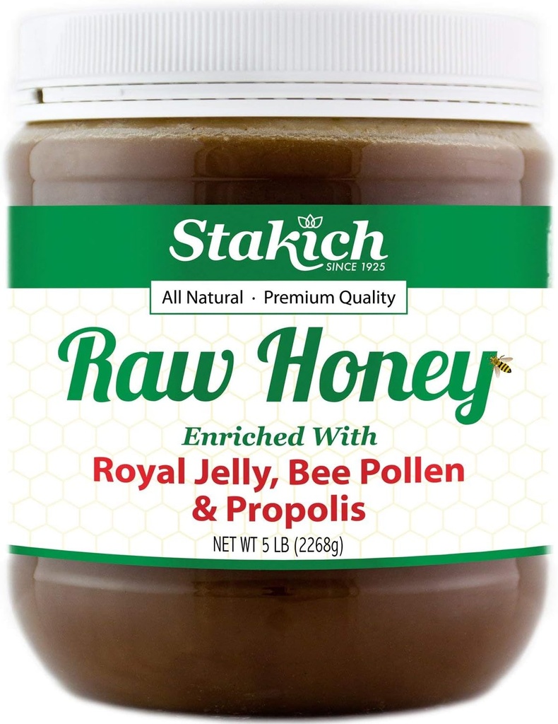 Stakich Royal Jelly, Bee Pollen, Propolis Enriched Raw Honey - Καθαρό, μη επεξεργασμένο, Μη θερμαινόμενο - 5 Λίρες (80 Ουγγιά)