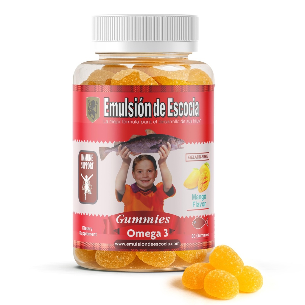 Emulsión de Escocia Omega 3 Gummies for Kids – με Βιταμίνες Α, D3, Φολικό Οξύ + Ψευδάργυρος, Σιδήρος & Ασβέστιο – μάνγκο Γεύση με Χωρίς Αλιευτική Επίγευση – Ανοσοποιητικό & Ηπατικό Υποστήριξη – 30 Gummies 1-Pack
