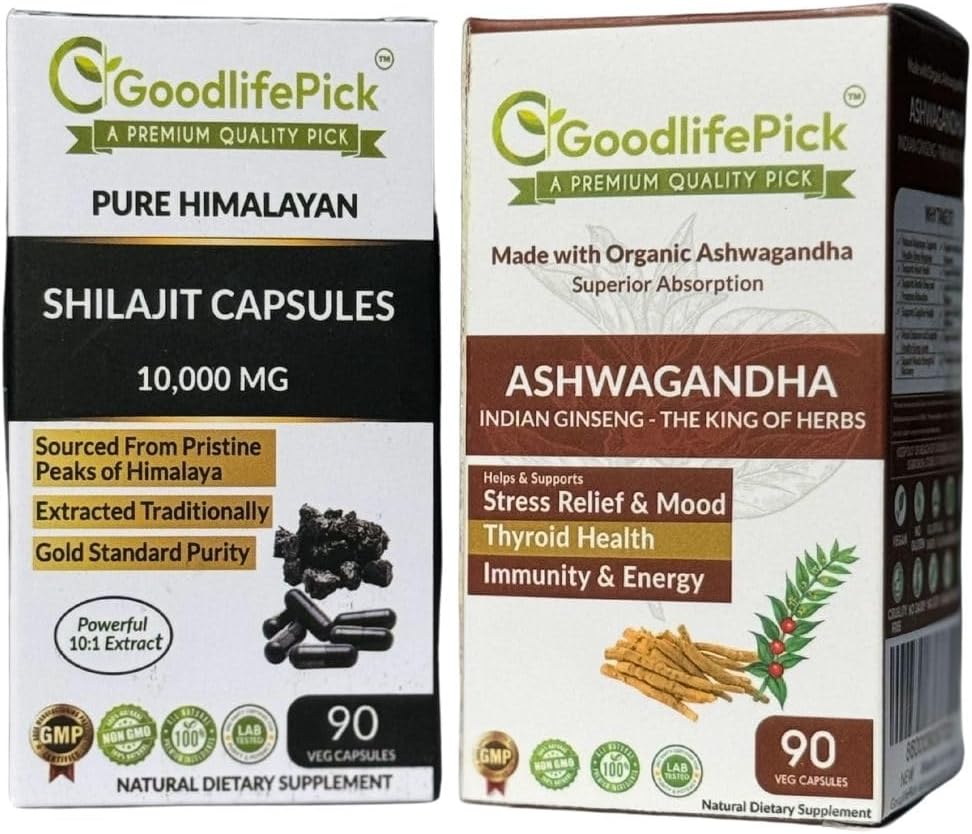 Himalayan Shilajit Καψάκιο & Ashwagandha Κάψουλες Συσκευασία των 2. 90+90 ct Gold Πρότυπο Premium Ποιότητα για Max Οφέλη. Όλα τα φυσικά μη ΓΤΟ δεν σκόνη ρυζιού δεν πληρώνεται κανένα διοξείδιο του πυριτίου δεν στεατικό