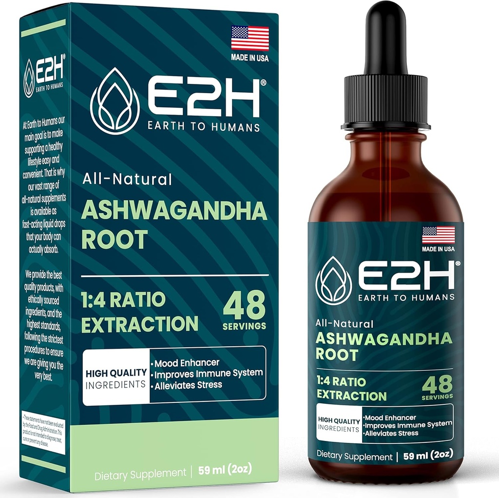 E2H Ashwagandha Liquid Drops - All-Φυσικό συμπλήρωμα Ashwagandha για την ανακούφιση από το στρες και την ενίσχυση της διάθεσης- Βιολογικό εκχύλισμα ρίζας Ashwagandha αποτελεσματική Cortisol Manager 
