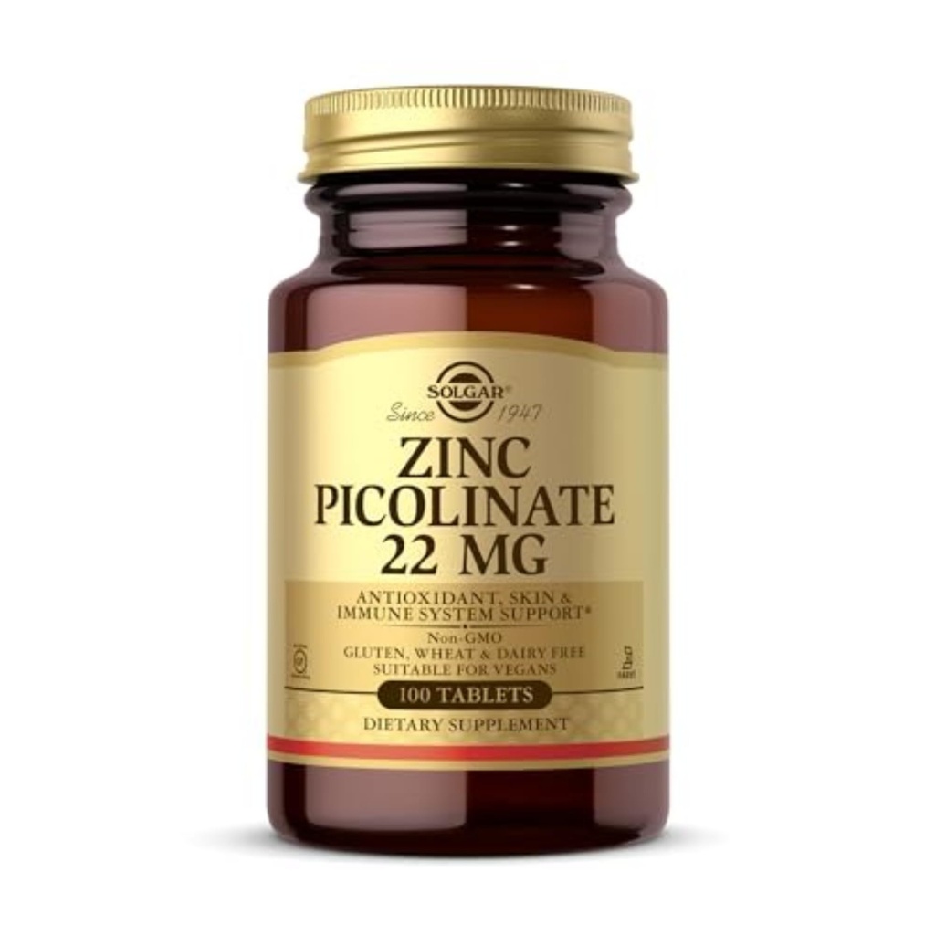 Solgar Zinc Picolinate 22 mg, 100 δισκία - Προάγει το υγιές δέρμα - Υποστηρίζει το ανοσοποιητικό σύστημα, την κανονική γεύση & όραση - Αντιοξειδωτικό – Μη ΓΤΟ, Vegan, Χωρίς γλουτένη, Kosher - 100 Σερβιέτες