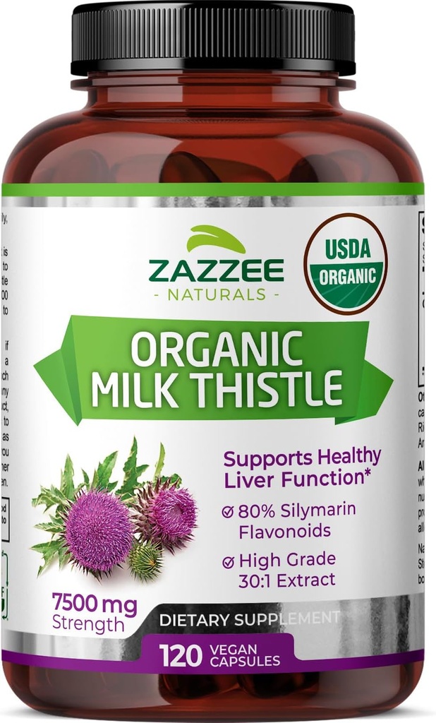 Zazzee USDA Organic Milk Thistle 30:1 Extract, 7500 mg Αντοχή, 120 Vegan Κάψουλες, 80% Silymarin Flavonoids, Standardized and Concented 30X Extract, 100% Χορτοφαγικά, Όλα-Φυσικά και Μη-ΓΤΟ