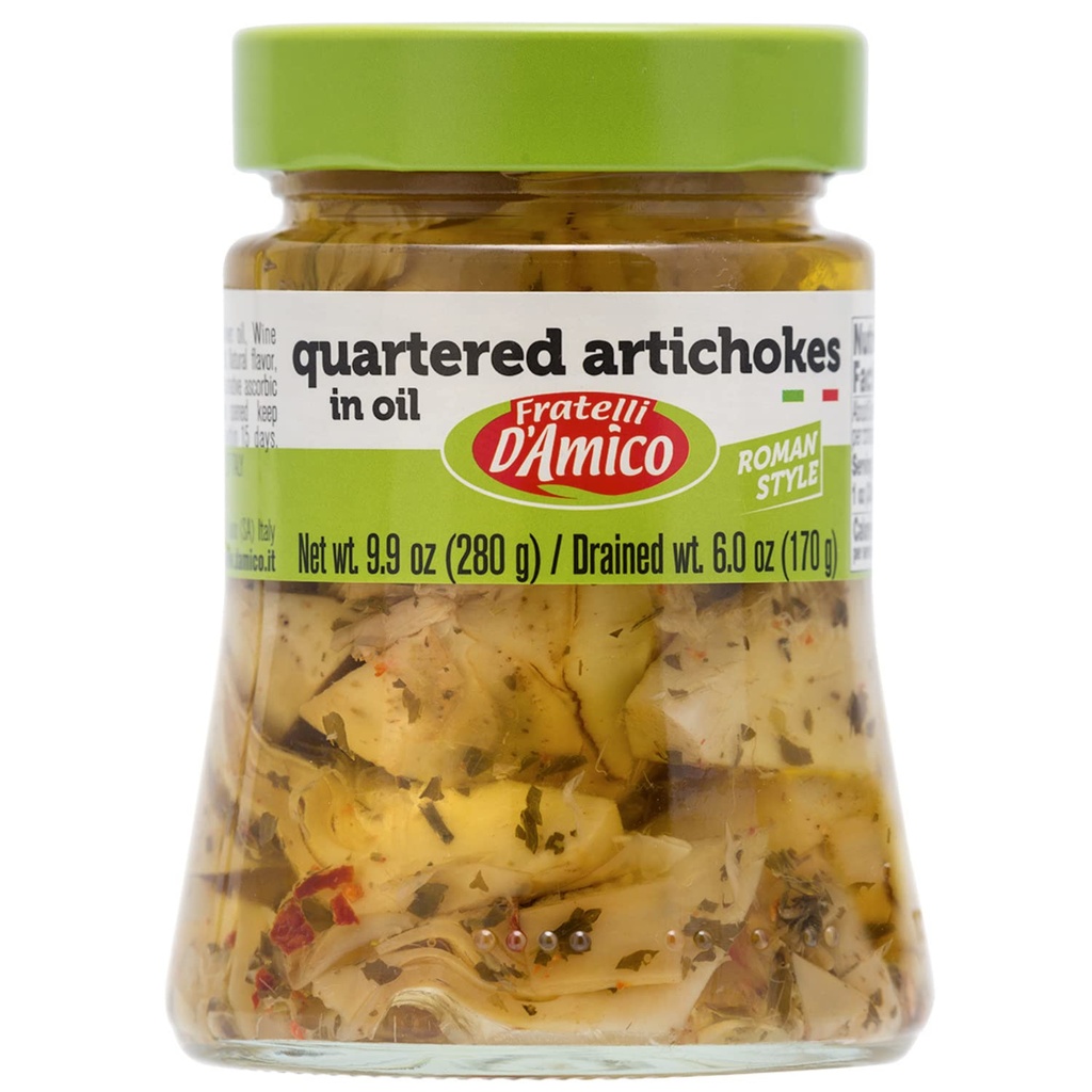 FRATELLI D'AMICO - Quartered Artichokes In Oil "Roman Style", Premium Quality, Chef Selection, 9.9 oz (280 g), Antipasto, Seasoned, Carciofi, Product of Italy