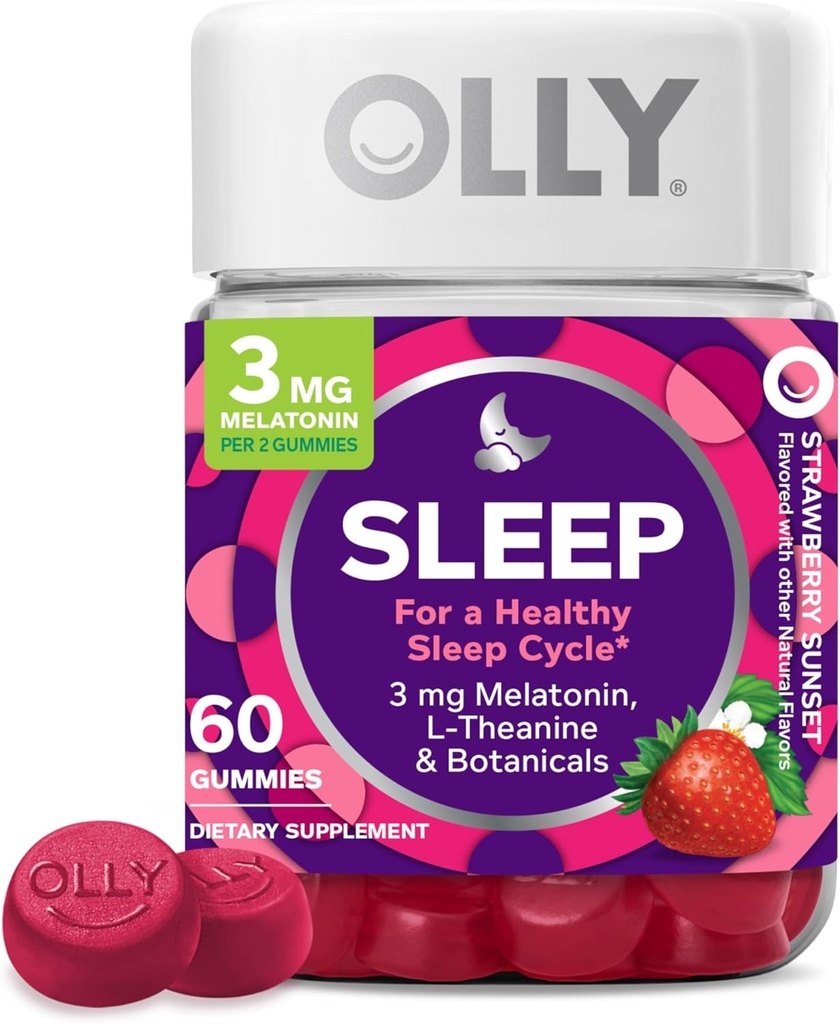 OLLY Gummy ύπνου, 3 mg μελατονίνη, L-Θεανίνη, Χαμομήλι, Λέμον βάλσαμο, Βοήθεια ύπνου, Φράουλα, 60 μέτρα