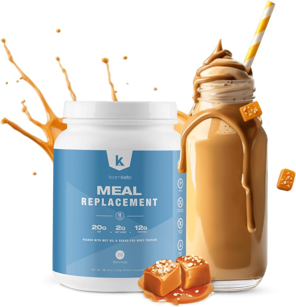 TeamKeto Meal Replacement Powder Gluten Free Περιέχει σκόνη MCT, λάδι καρύδας, σκόνη πρωτεΐνης ορού γάλακτος με χλόη & 100% φυσικές γεύσεις για Boost Ketosis- χαμηλή υδατάνθρακες & ενέργεια Boost- 742g- Αλάτι Caramel
