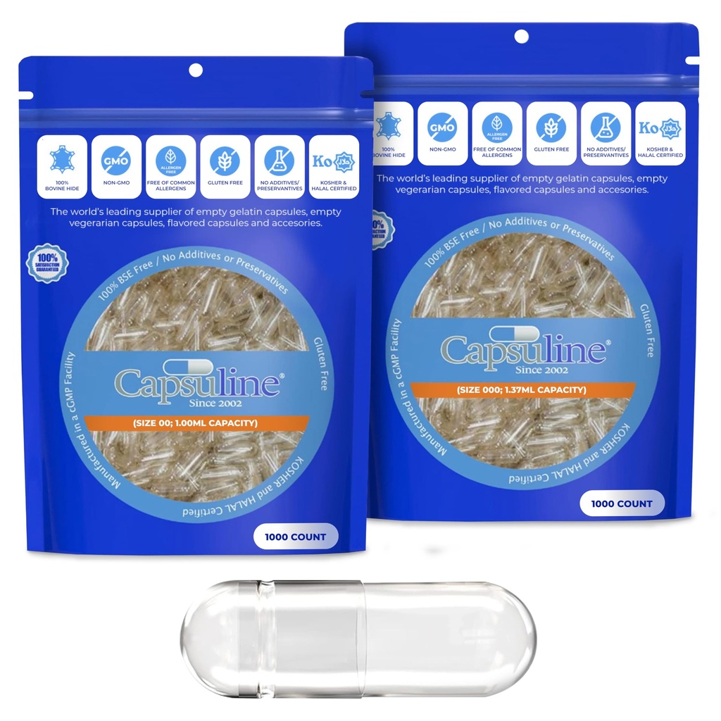 Capsuline μέγεθος 00 και μέγεθος 000 Ζελατίνες κενές κάψουλες, 1000 Count Bundle, Κενές κάψουλες τζελ, DIY καθαρή κάψουλες ίππων βοοειδών που γεμίζουν, άδεια καπάκια, Kosher, χωρίς γλουτένη και χωρίς γλουτένη πιστοποιημένο, σαφές