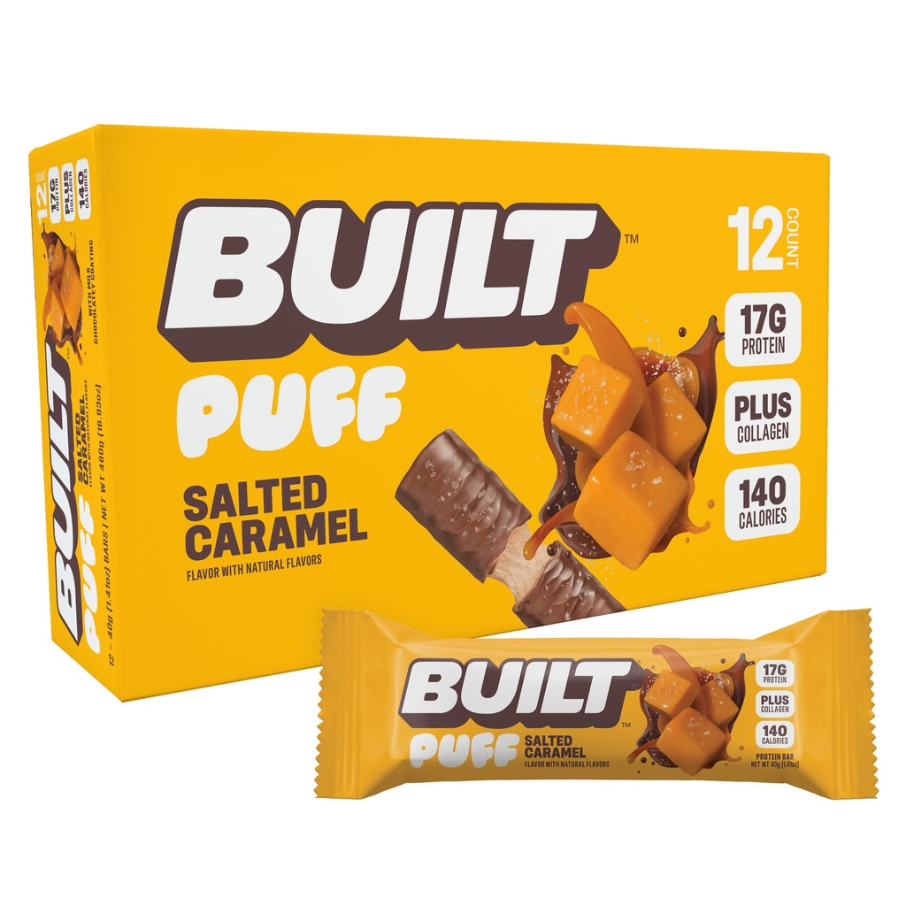 BUILT Bar Puff Protein Bars - Salted Caramel - 17g Protein Snack Bars with Collagen - Calorie Conscious & Gluten Free - 12 Count
