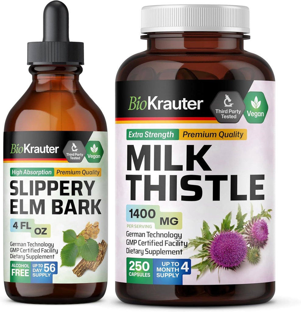 BIO KRAUTER Slippery Elm Βάμμα 4 Fl. Oz. & Γαϊδουράγκαθο γάλακτος 250 κάψουλες