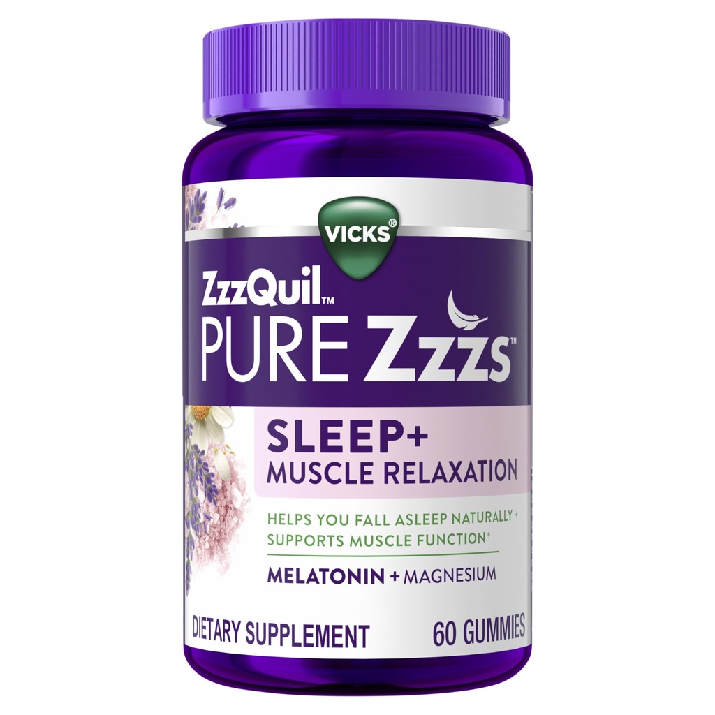 ZzzQuil Pure Zzzs Muscle Relaxation Melatonin Sleep Aid Gummies, Supports Muscle Function, Helps You Fall Asleep Naturally, Fast, Melatonin + Magnesium, No Next-Day Grogginess, Drug-Free, 60ct
