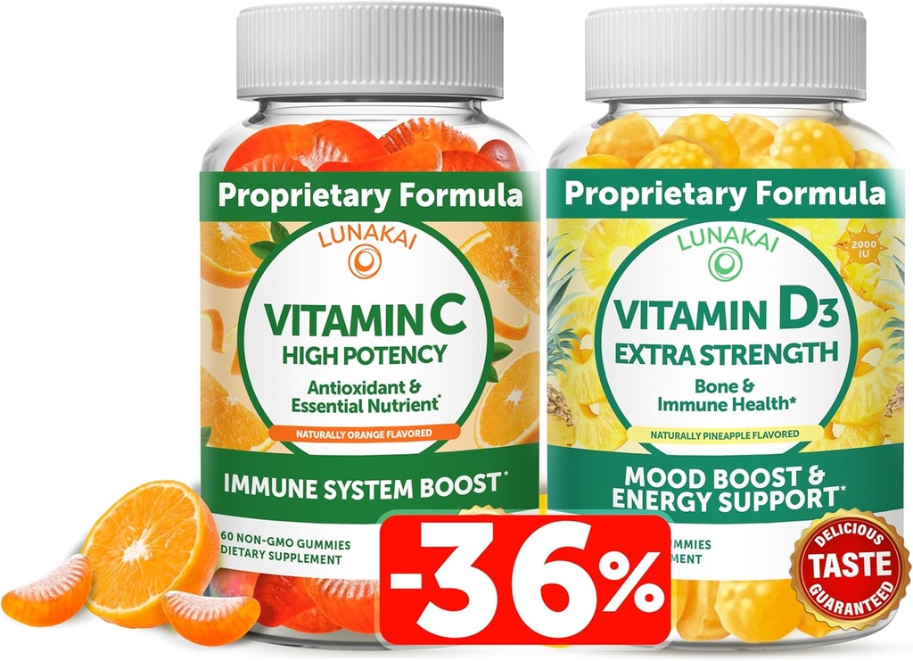 Lunakai Βιταμίνη C και Βιταμίνη D3 Gummies Bundle - 300mg Βιολογικό, Μη ΓΤΟ, Vegan Chewable Gummy - Ανοσία, Οστά και Mood συμπλήρωμα υποστήριξης για ενήλικες