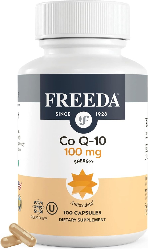 FREEDA CoQ10 100mg - Kosher Coenzyme Q10 Συμπλήρωμα διατροφής για την καρδιοαγγειακή υγεία της καρδιάς, την υποστήριξη της αρτηριακής πίεσης, την υγεία των στοματικών ούλων, και την υγιή γήρανση - Καθαρή κάψουλες CoQ10, 100 κόμης