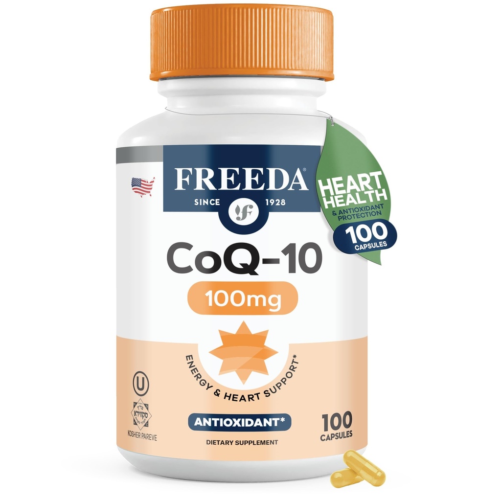 FREEDA CoQ10 100mg - Kosher Coenzyme Q10 Dietary Supplement for Cardiovascular Heart Health, Blood Pressure Support, Oral Gum Health, and Healthy Aging - Pure CoQ10 Capsules, 100 Count