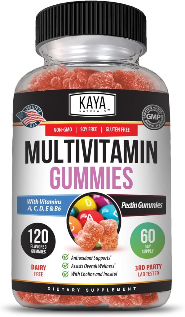 Kaya Naturals Adult Multi Vitamin Gummy, 120 Count, Biotin, Vitamin A, B-12, C & E, Including Zinc, Folic Acid, Strawberry Flavor (120 Gummies)