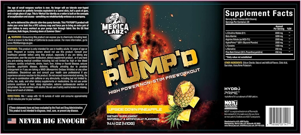 'Merica Lambz F'N Pump'D διεγερτικό ελεύθερο, νιτρικό οξείδιο, πλήρης δόση, Pump PreWorkout Powder (20 μερίδες) (Upside Down Ανανά)