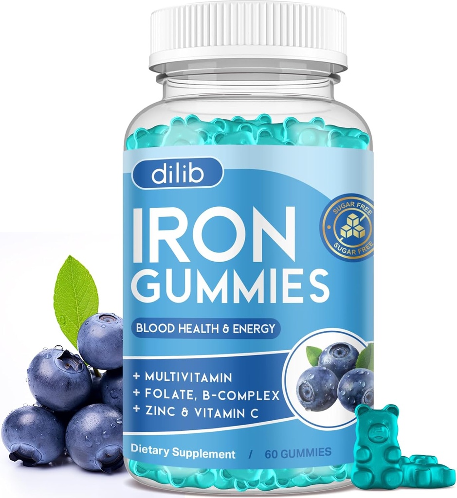 Iron Gummies with Multivitamin, Iron Supplement for Women & Men with Zinc, Vitamin B Complex & C, B12, Folate - Blood Builder & Energy Support for Adults & Kids - Βατόμουρο Γεύση, Vegan 60 Gummies