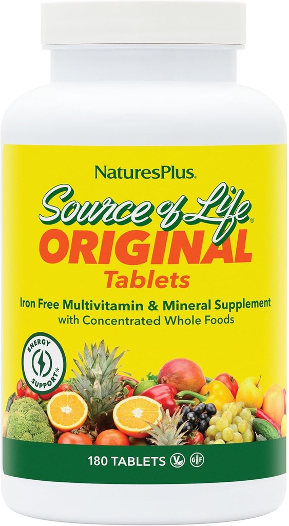 NaturesPlus Source of Life No Iron - 180 Tablets - Multi-Vitamin & Mineral Supplement - Supports Natural Energy & Overall Well-Being - Gluten Free, Vegetarian - 60 Servings