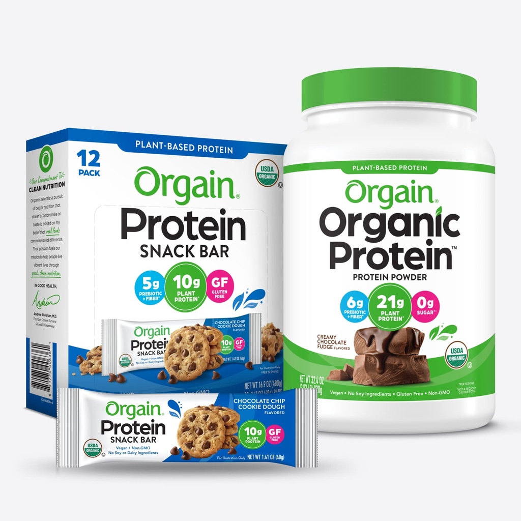 Orgain Organic Vegan Protein Powder and Protein Bars Bundle (2,03lb + 12 Count)