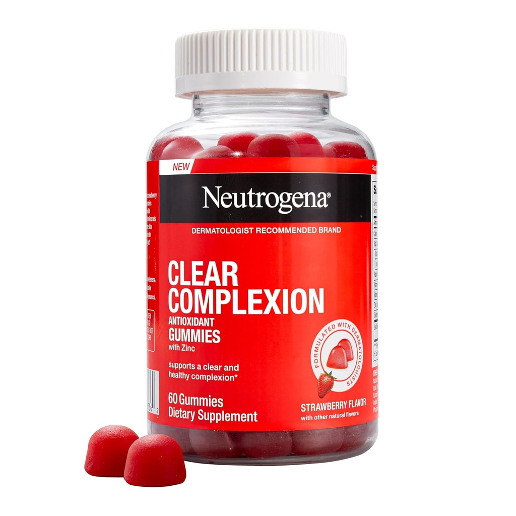 Neutrogena Clear Complexion Αντιοξειδωτικά  Gummies με ψευδάργυρο, Καθημερινή Skincare συμπλήρωμα με βιταμίνη Α, C & E για σαφές, υγιές δέρμα + προβιοτικά, γεύση φράουλα, 60 ct