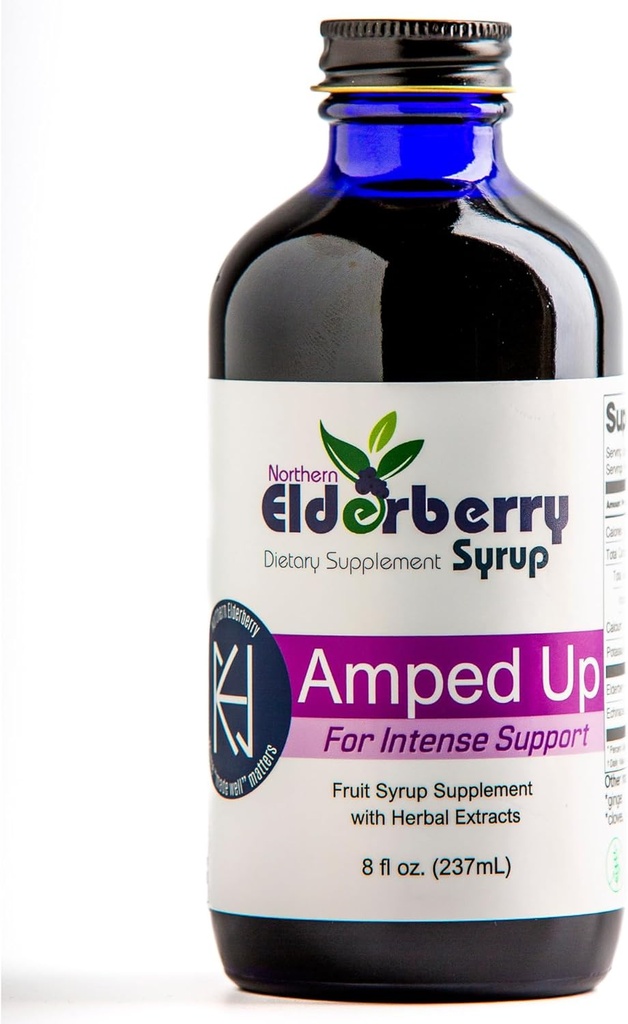 Amped Up Elderberry Syrup, Black Sambucus, Plant-Based Dietary Supplement, 7 Organic Herbs: Echinacea, Rosehips, Honey, Immune Wellness Booster Support, USA Made, Gluten-Free