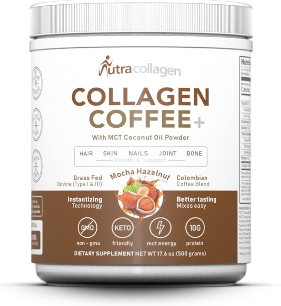 NUTRACOLLAGEN Peptide σε σκόνη με καφέ Columbian Premium; Grass-Fed; Keto Φιλικό, MCT Coconut Oil σκόνη, χωρίς σόγια, Χωρίς γλουτένη, Χωρίς ζάχαρη, 40mg καφεΐνη / SVG; Mocha Hazelnut 25 εξυπηρετούν