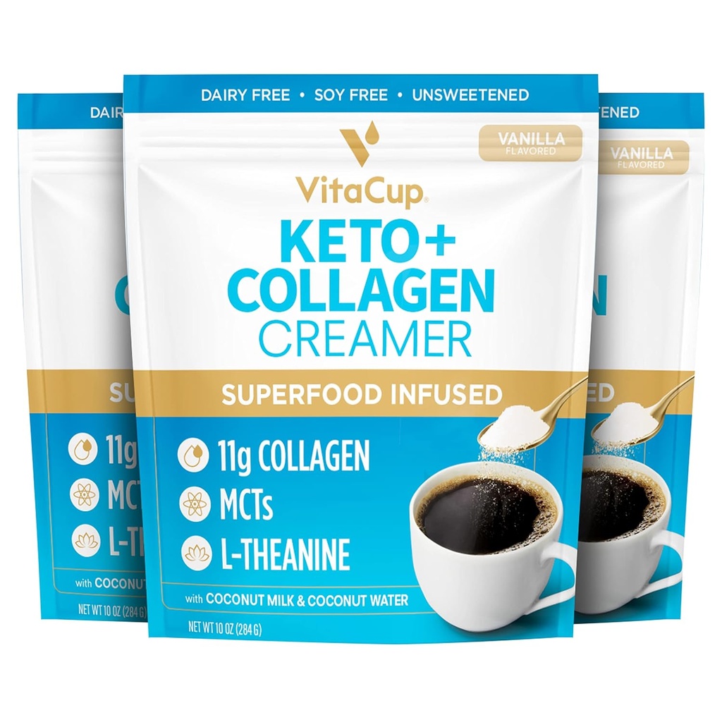 VitaCup Keto + Κρέμα καφέ κολλαγόνου Vanilla Flavor w/MCT, Πρωτεΐνες κολλαγόνου, Νερό καρύδας, L-Θεανίνη για Keto Diet, Καφέ, Smoothies, & Shakes, Χωρίς γαλακτοκομικά, Χωρίς γλουτένη, Χωρίς σόγια, 3 τσάντες,10oz το καθένα