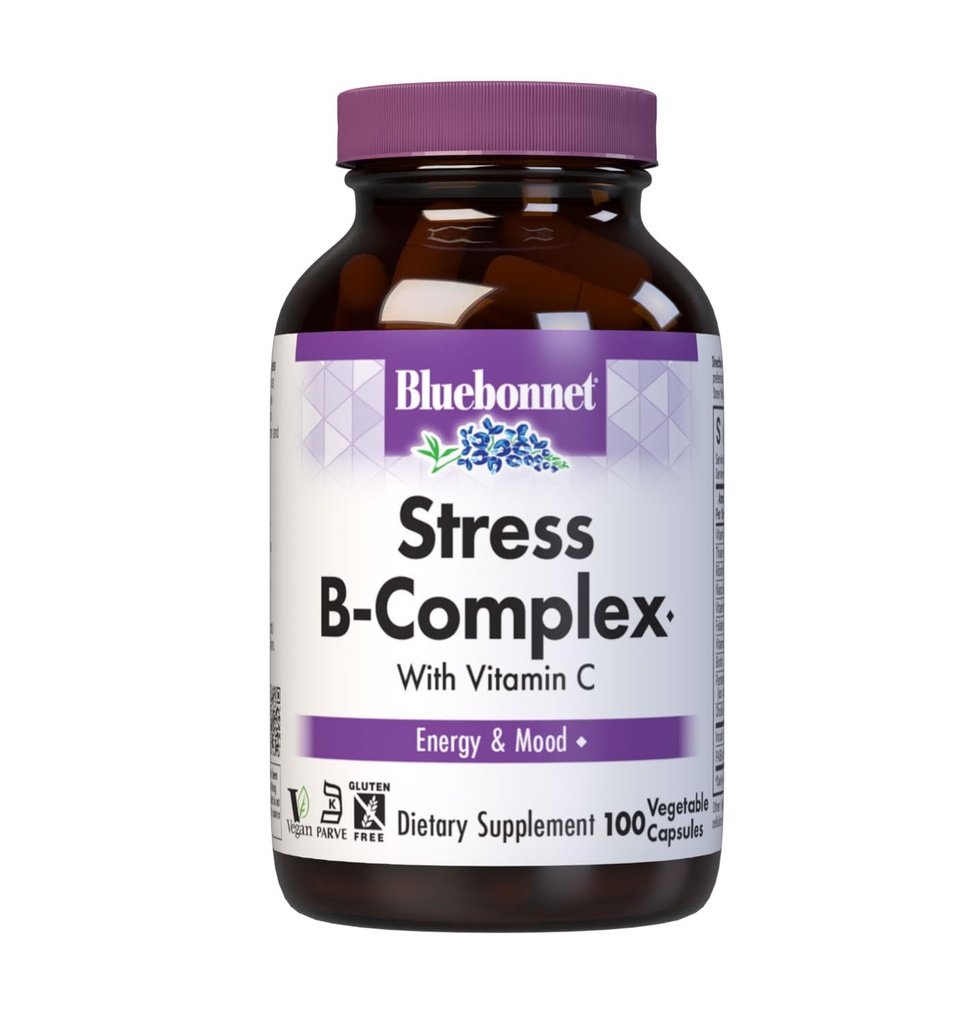 Bluebonnet Nutrition Stress Relief B Complex Φυτικές κάψουλες, Βιταμίνη Β6, Β12, Βιοτίνη, Φολικό, Vegan, Γλουτένη & Χωρίς γάλα, Kosher, Χωρίς γεύση, 100 Count