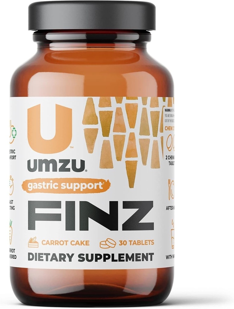 UMZU Finz Natural Gastric Comfort Supplement | Fast Acting Heartburn Relief with 3 Natural Ingredients Carrot Root, Calcium & Sodium Alginate for Balanced pH (Carrot Cake | 20 Tablets)
