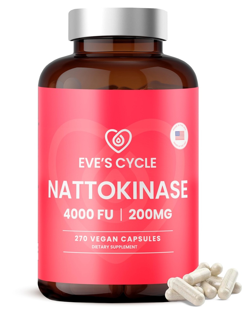 Eve's Cycle Nattokinase Supplement 4000 FU - 270 Vegan Natto Κάψουλες - Premium Ιαπωνικό Ένζυμο, Φυσικό Αίμα Λεπτό, Βιολογικό, Χωρίς Στειρώματα, Μη ΓΤΟ, Κατασκευασμένο στις ΗΠΑ
