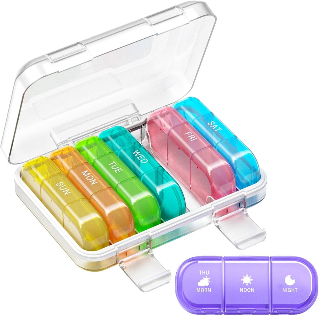 Weekly Pill Organizer 3 Times a Day, 7 Day Portable Pill Box for Pills, Vitamins, Fish Oil, Medication, Supplements (3x7 Transparent + Rainbow)