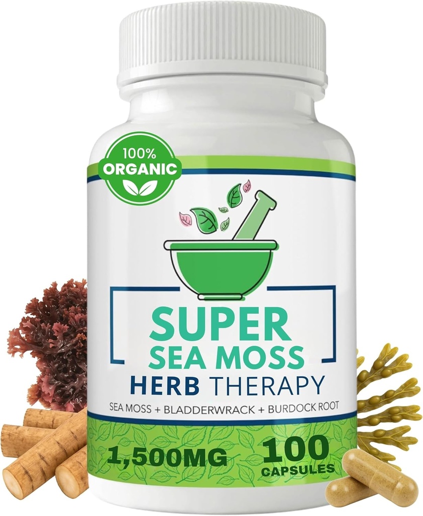 Sea Moss Κάψουλες 100 Πακέτο - Ιρλανδική Θάλασσα Μος με Bladderwrack σκόνη & Burdock Root Powder - Keto & Alkaline Diet Υποστήριξη - Δεν Fillers Seamoss Ακατέργαστο Συμπλήρωμα