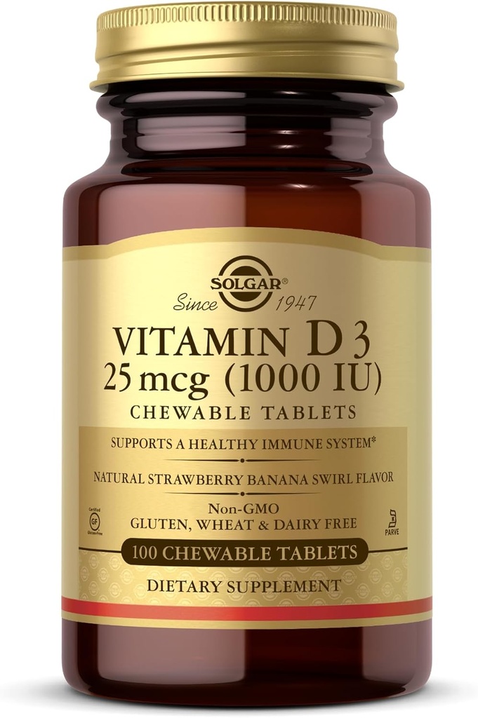 Solgar Vitamin D3 (Χολκαλσιφερόλη) 25 mcg (1000 IU), Natural Strawberry Banana Swirl - 100 Μασώμενα Δισκία - Μη ΓΤΟ, Kosher - 100 Σερβιέτες