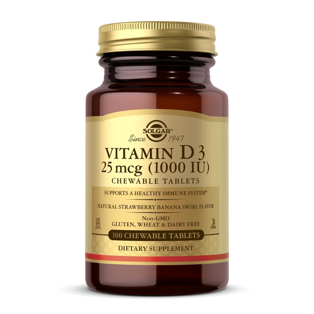 Solgar Vitamin D3 (Χολκαλσιφερόλη) 25 mcg (1000 IU), Natural Strawberry Banana Swirl - 100 Μασώμενα Δισκία - Μη ΓΤΟ, Kosher - 100 Σερβιέτες