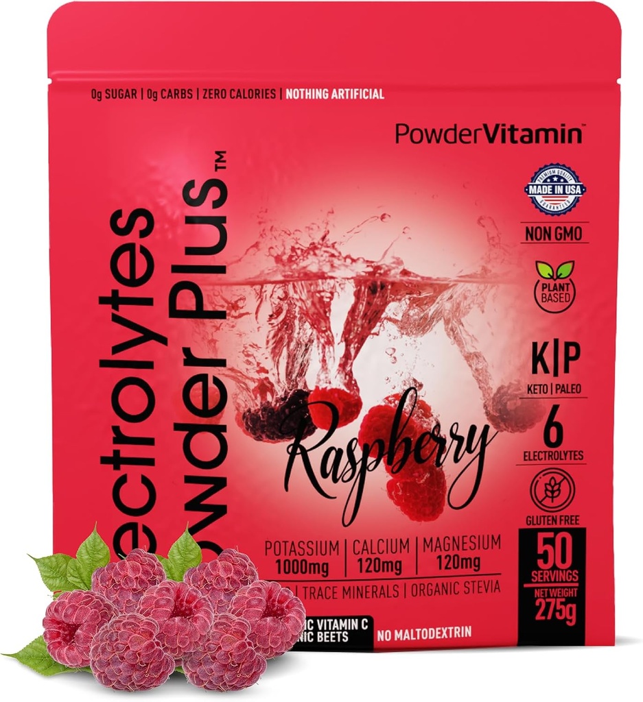 PowderVitamin Electrolytes Powder Plus (50 Servings) Raspberry Electrolyte Powder Zero Calorie Keto, 0 Sugar, No Maltodextrin,1000mg Potassium,120mg Calcium,120mg Magnesium, Hydration Powder