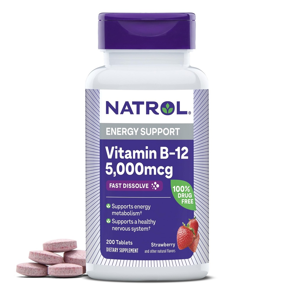 Natrol Βιταμίνη B12 5.000 mcg, γρήγορη διάλυση βιταμίνης B12 συμπλήρωμα Υποστηρίζει ένα υγιές νευρικό σύστημα και την ενέργεια Μεταβολισμός, 200 δισκία, έως 200 ημέρες προσφοράς