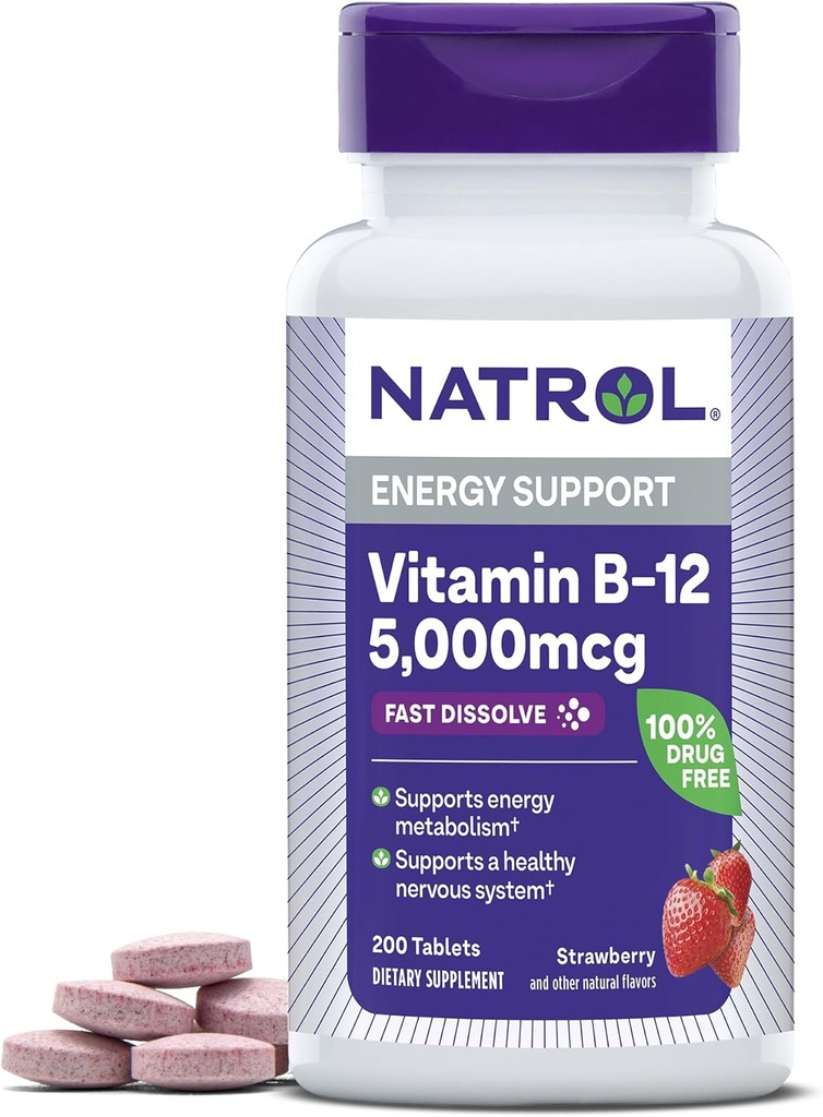 Natrol Βιταμίνη B12 5.000 mcg, γρήγορη διάλυση βιταμίνης B12 συμπλήρωμα Υποστηρίζει ένα υγιές νευρικό σύστημα και την ενέργεια Μεταβολισμός, 200 δισκία, έως 200 ημέρες προσφοράς
