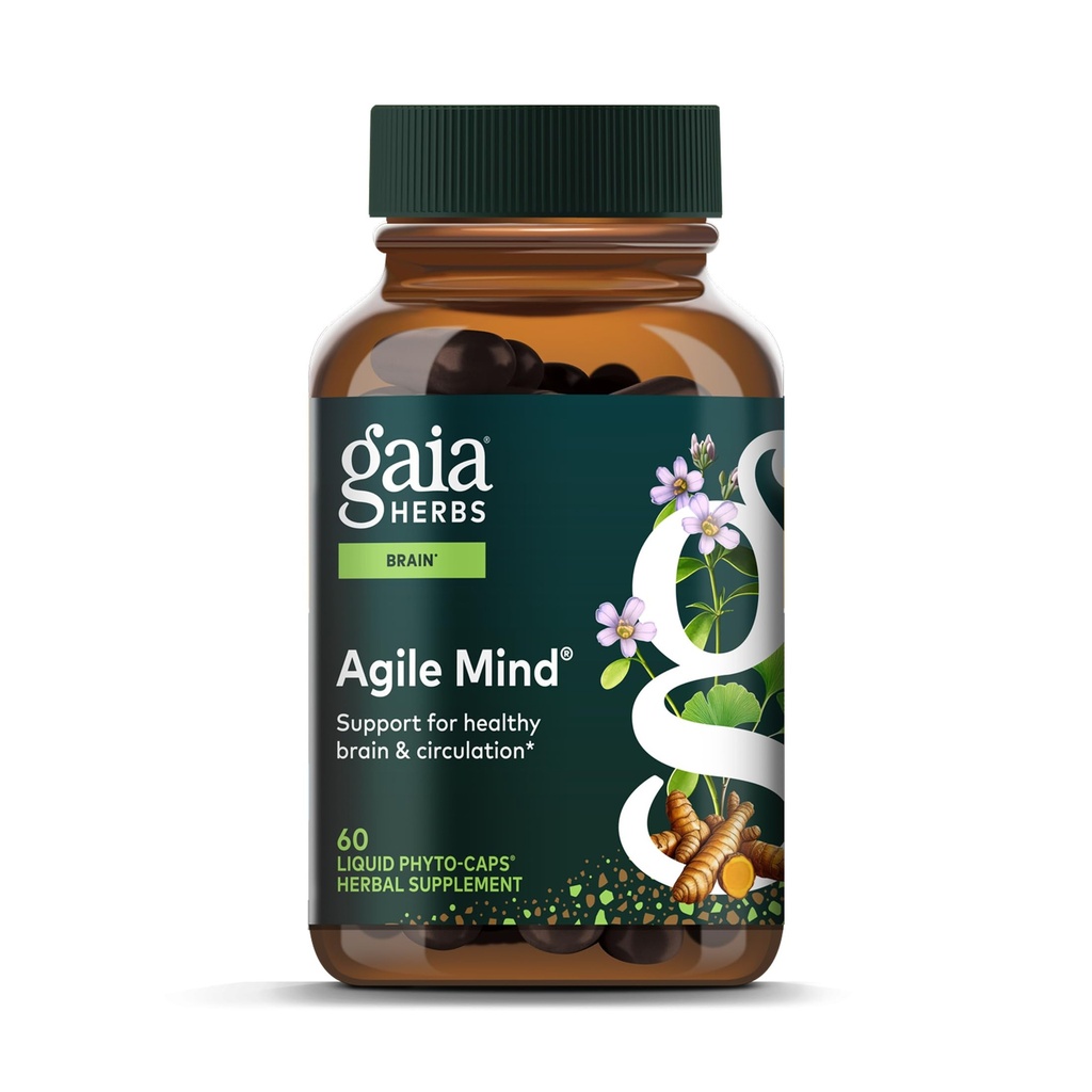 Βότανα Gaia Agile Mind - Εγκεφαλική & Γνωστική Υποστήριξη Βοτανικά Συμπληρώματα - με Βιολογική Ρίζα Κουρκουμάς, Bacopa, Μαύρο Πιπέρι, και Ginkgo Biloba - 60 Vegan Liquid Phyto-Capsules (30-Day Supply)