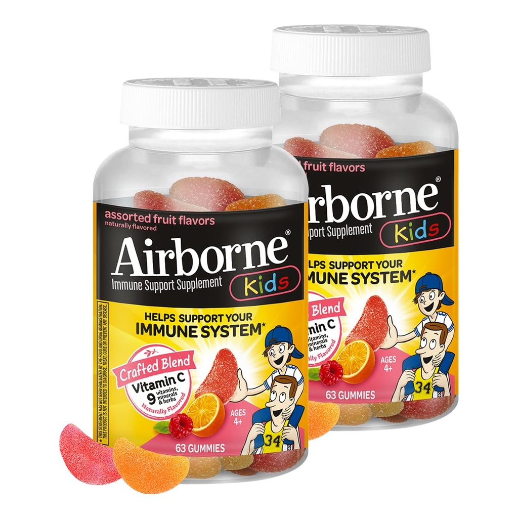 Airborne Kids 500mg Βιταμίνη C Gummies, Kids Immune Support Zinc Gummies με ισχυρό αντιοξειδωτικά VIT C & E - 63 Gummies, Ποικιλόμορφη γεύση φρούτων (πακέτο του 2)