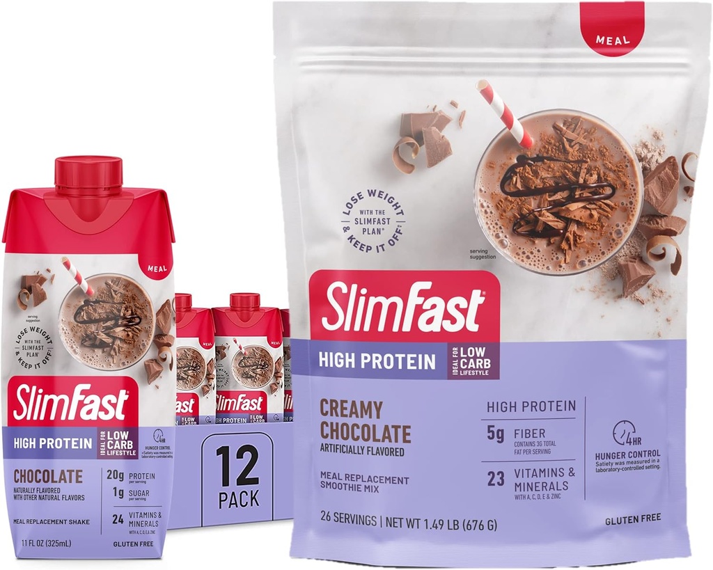 SlimFast High Protein Chocolate Bundle- 12 Count of Chocolate High Protein Meal Replacement Shakes (20g Protein) with 26 Servings of Chocolate High Protein Powder Mix (20g Protein)