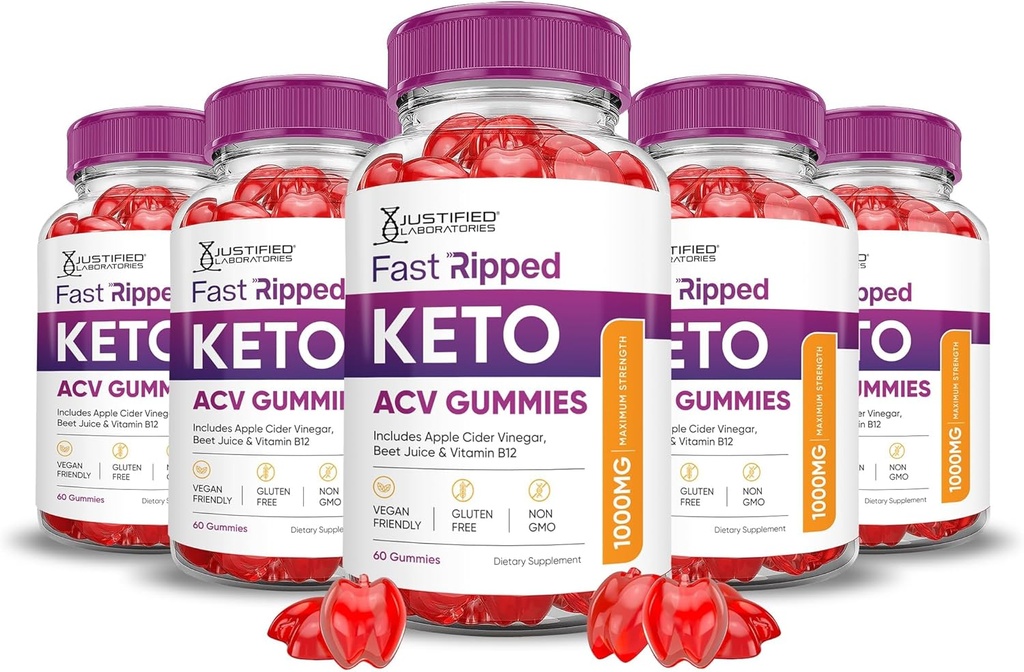 Justified Laboratories (5 Pack Fast Riped Keto ACV Gummies Advanced Formula 1000MG Fast Rippped Formulated with Roomegranate Beet Juice Powder B12 Vegan Non GMO 300 Gummys